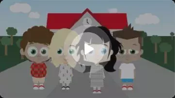 Video-Vorschaubild mit vier stilisierten Schülern vor dem Schulgebäude, zur Erklärung des Design-Tools.