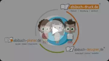 Video-Vorschau mit drei Schülern, die den Kreislauf von Planung, Gestaltung und Abibuch-Druck symbolisieren.